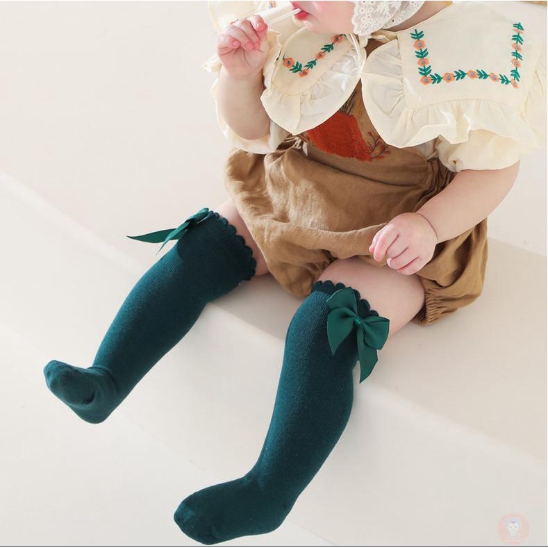 Vớ cotton Cao Đến Đầu Gối Màu Trơn Đính Nơ To Dễ Thương Dành Cho Bé Gái laa6-baby