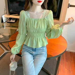 Áo Kiểu Ngắn Tay Phồng Cổ Vuông Phối Ren Thời Trang Mùa Thu Phong Cách Pháp Ngọt Ngào Kiểu Mới
