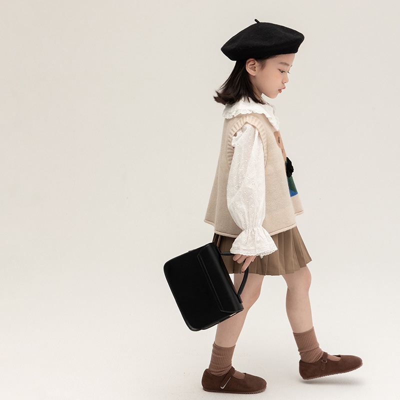 Áo sweater Dệt Kim Không Tay Cổ Tròn Đính Nơ Gấu Ba Chiều Dễ Thương Dành Cho Bé Gái