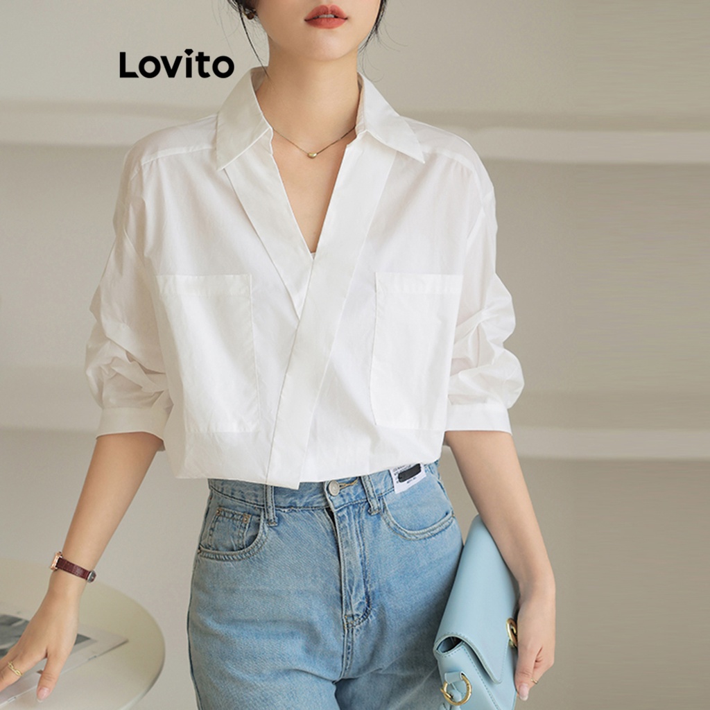 Lovito Áo kiểu có túi bất đối xứng trơn đơn giản cho nữ LNE29139 (Trắng)