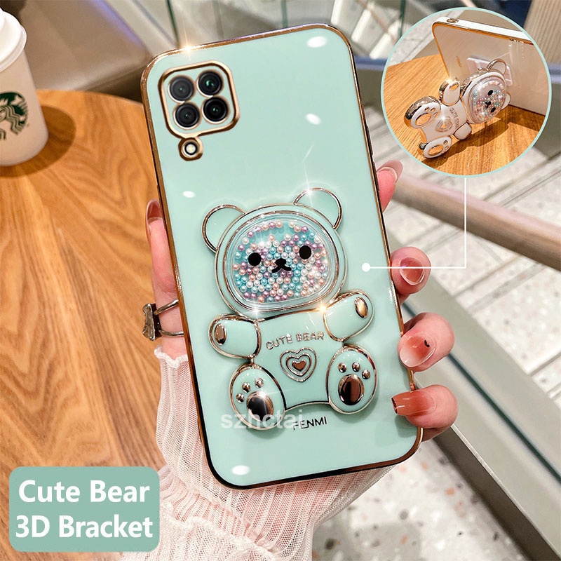 ốp lưng samsung a12 a22 m12 m22 Ốp Điện Thoại Dẻo Vuông Mạ Màu In Hình Gấu 3d Đáng Yêu Có Giá Đỡ Cho