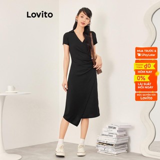 Đầm Lovito màu trơn xếp nếp siết eo viền không đều phong cách thường ngày dành cho nữ L53AD043 (đen)
