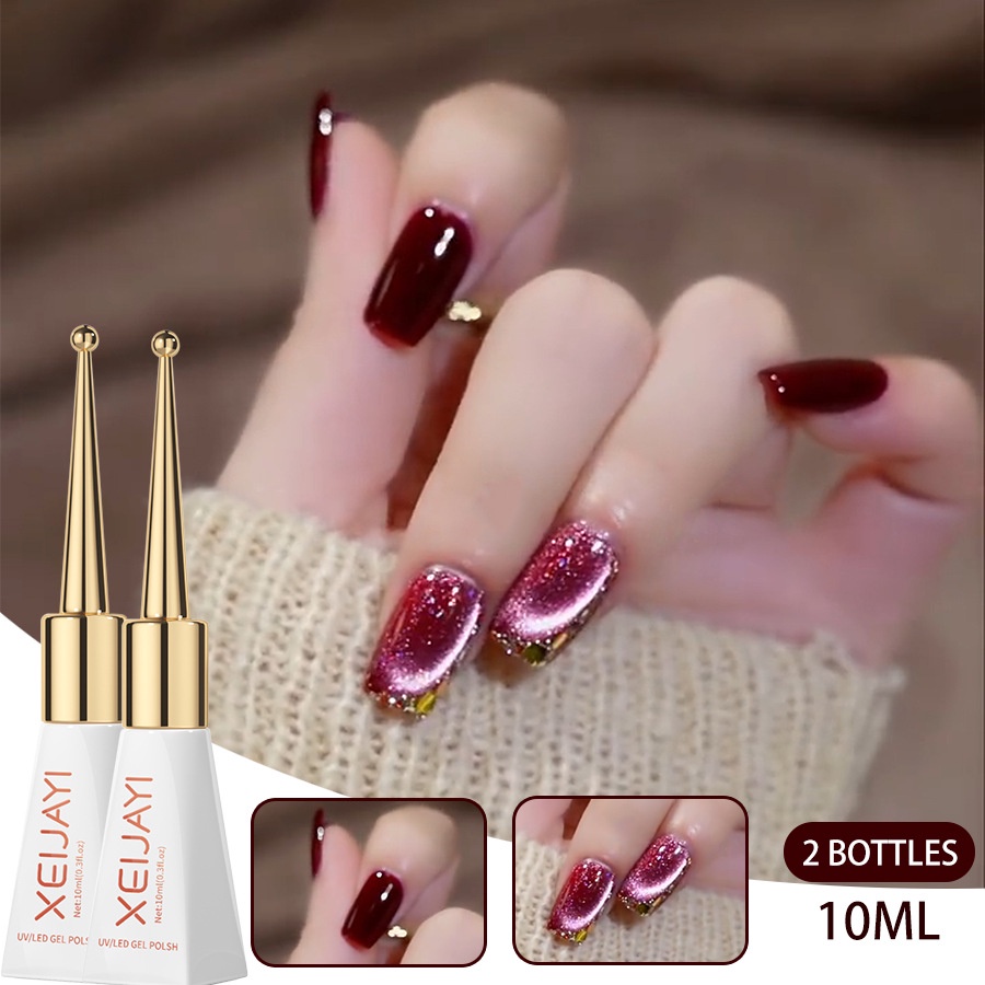 Fzc Bộ 2 Lọ Keo Dán Móng Tay Màu Đỏ Rượu Vang Trơn Hình Mắt Mèo Phổ Biến