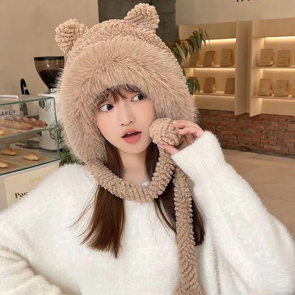 1 Mũ Len Tai Gấu Bông Giữ Ấm Mùa Đông Dành Cho Nữ