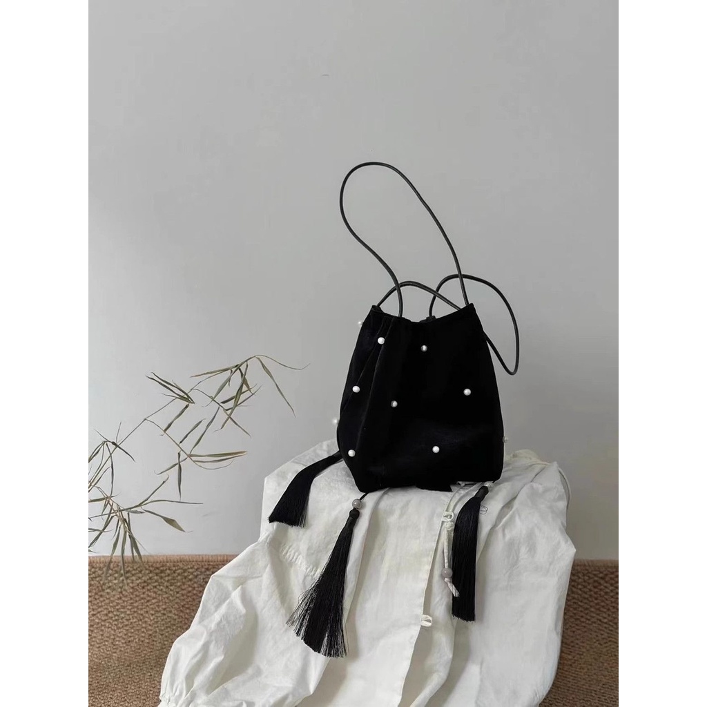 Túi Xách Đeo Vai Đan Len Màu Đen Dung Tích Lớn Phong Cách Trung Hoa Thời Trang Thu Đông Hàng Mới 2023 Dành Cho Bạn Nữ