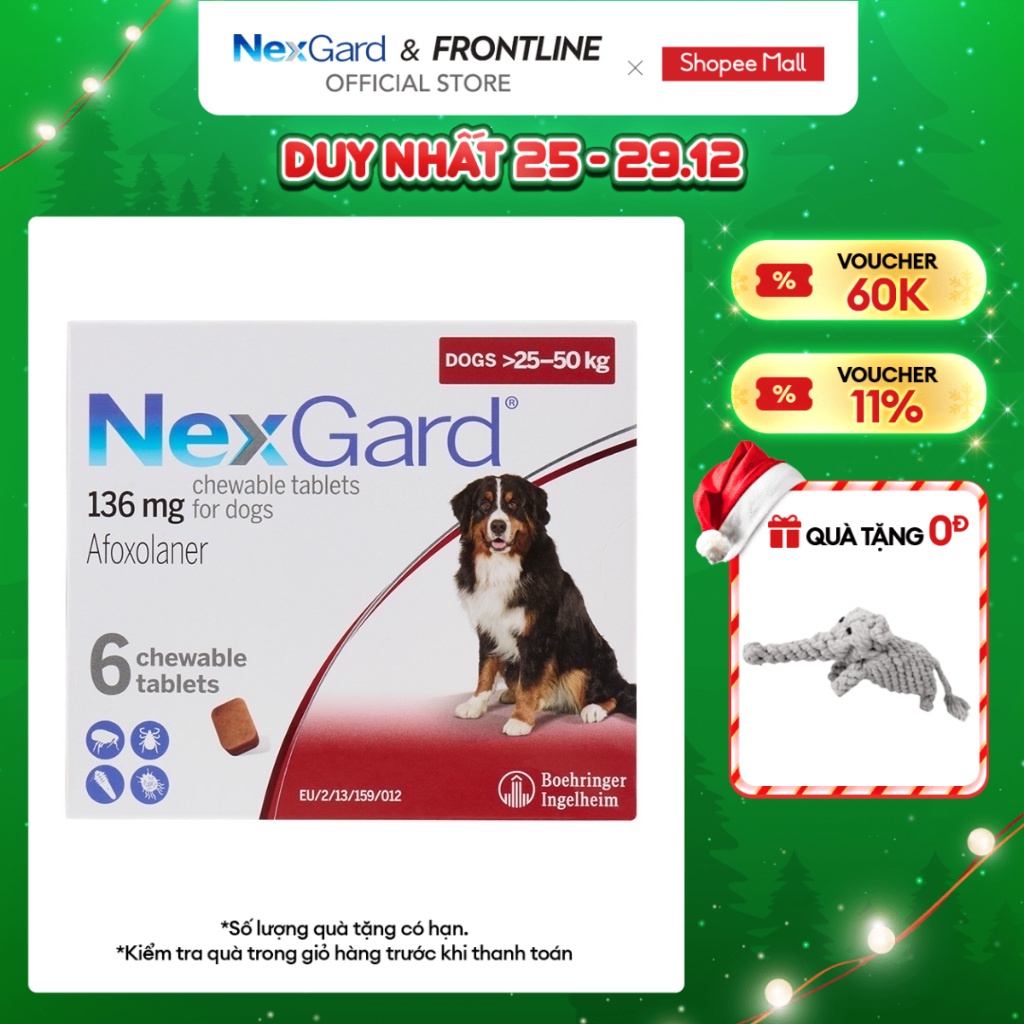 NexGard - Viên nhai phòng & trị ve, rận, bọ chét, ghẻ demodex, sarcoptes dành cho chó size XL  - 1 hộp 6 viên