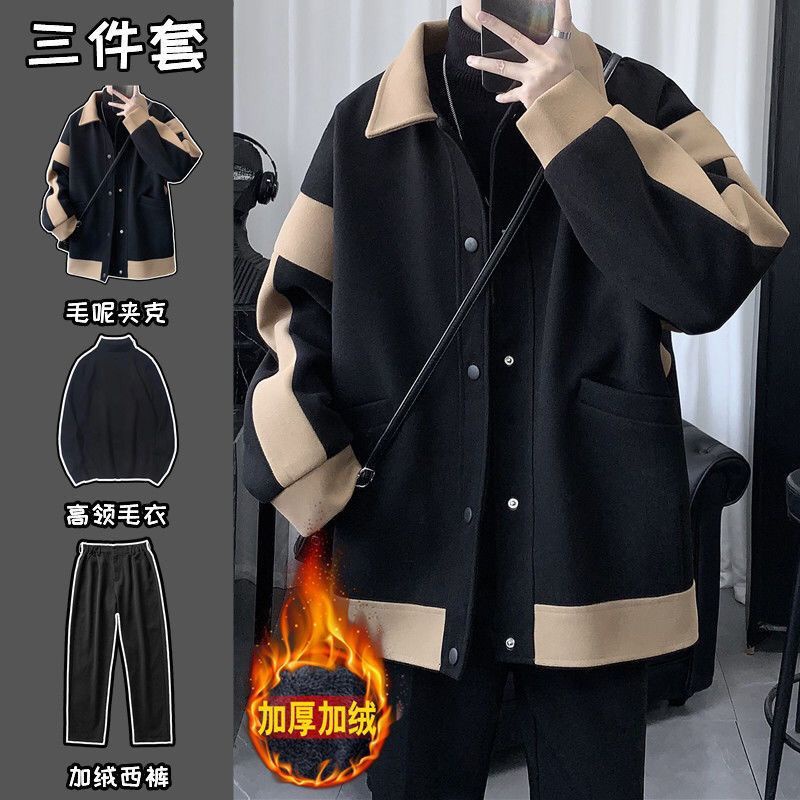 áo khoác cardigan nam+áo giữ nhiệt nam+quần đen，bộ đồ，áo khoác dù，Áo Khoác Len Dày Dáng Rộng Thời Tr