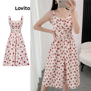 Đầm Lovito xếp nếp cài nút màu trơn có họa tiết phong cách Boho cho nữ L83ED087