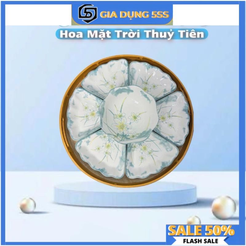 Bộ bát đĩa hoa mặt trời Size 45cm gốm sứ cao cấp , sét bát đĩa thắp hương , cúng gia tiên hoa văn hoa thuỷ tiên