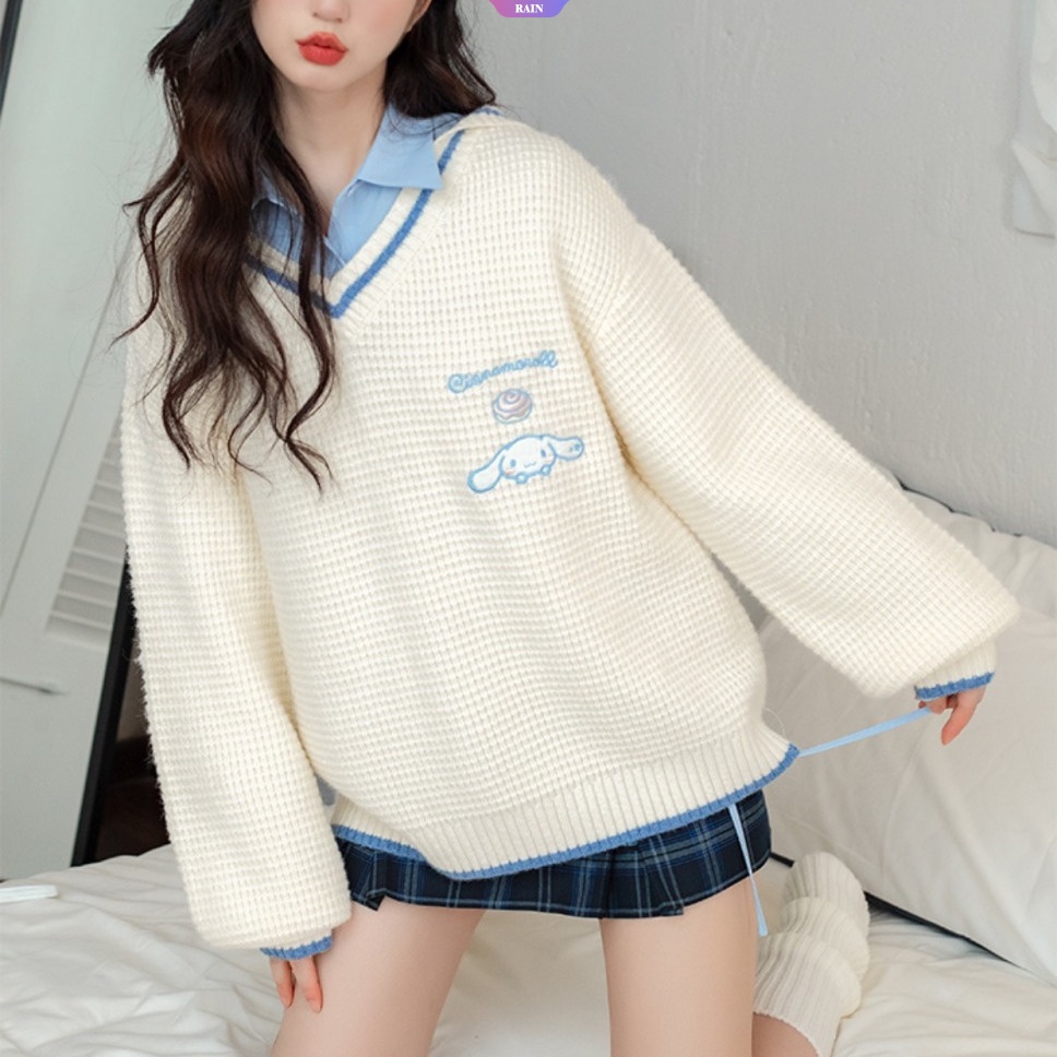 Áo sweater Dệt Kim Thêu Hoạt Hình sanrio cinnamoroll my melody kuromi pom pom purin v navy Leaderer y2k lolita