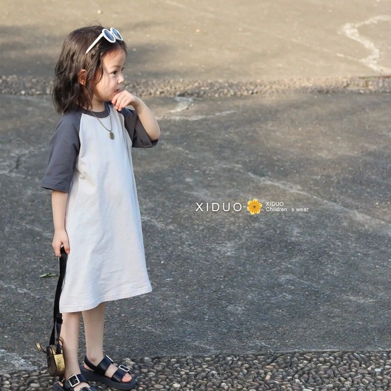 Đầm Thun Dáng Dài Rộng Thời Trang Mùa Hè Hàn Quốc 2023 Màu Sắc Tương Phản Dành Cho Bé Gái