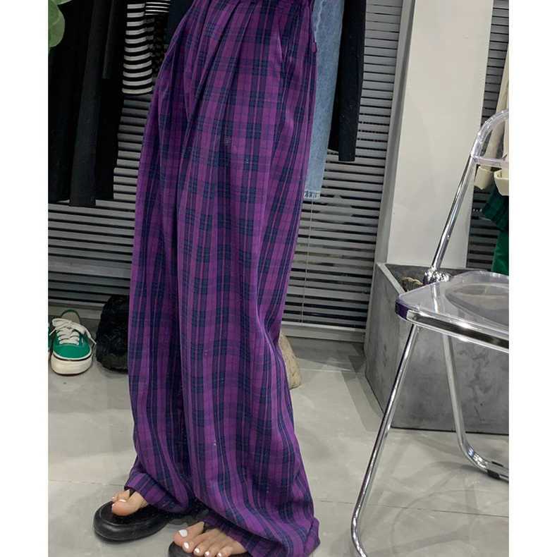 Quần Dài Ống Rộng Lưng Cao Họa Tiết Caro Màu Tím Phong Cách Hàn Quốc Thời Trang Mùa Thu Cho Nữ