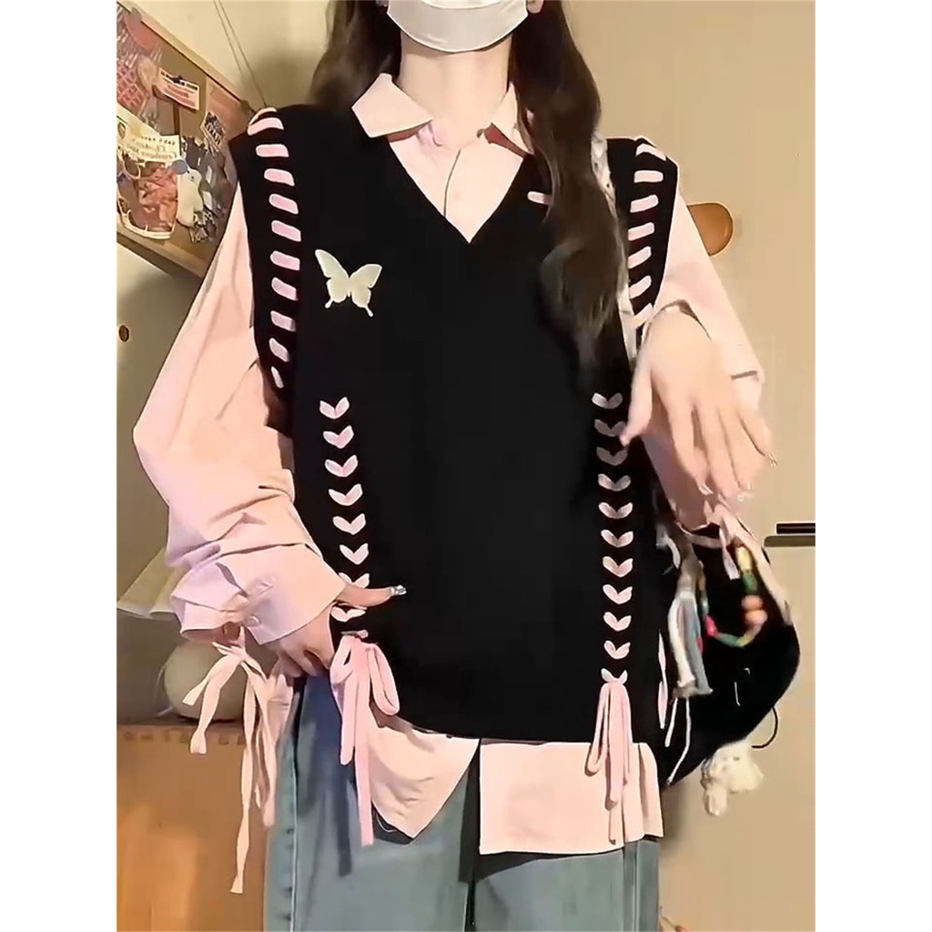 Set Áo Len Dây Rút + Áo Sơ Mi Hồng Mềm Mại handmade Thời Trang Cho Nữ