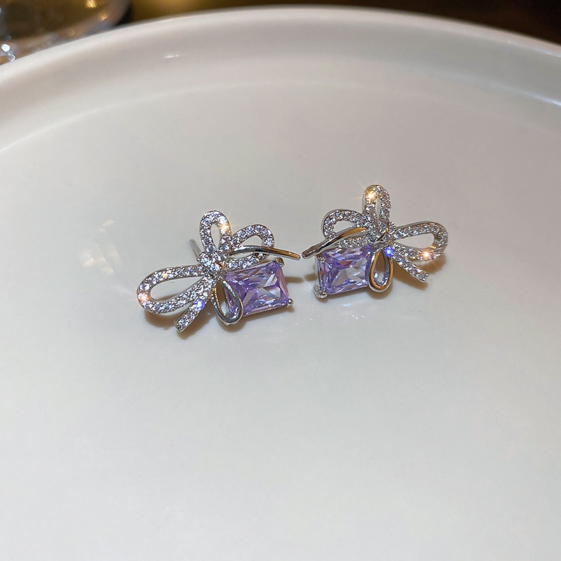 Khuyên Tai Bạc Đính Đá zircon Tím Sang Trọng Phong Cách Hàn Quốc