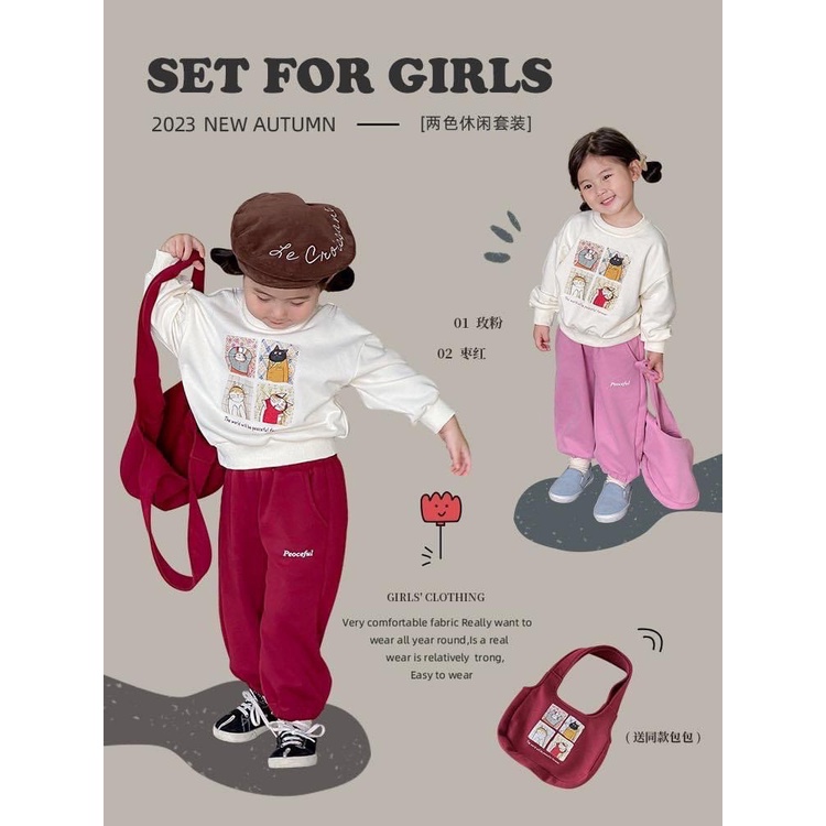 G687 - BỘ BÉ GÁI NỈ TRẮNG HÌNH MÈO KÈM TÚI