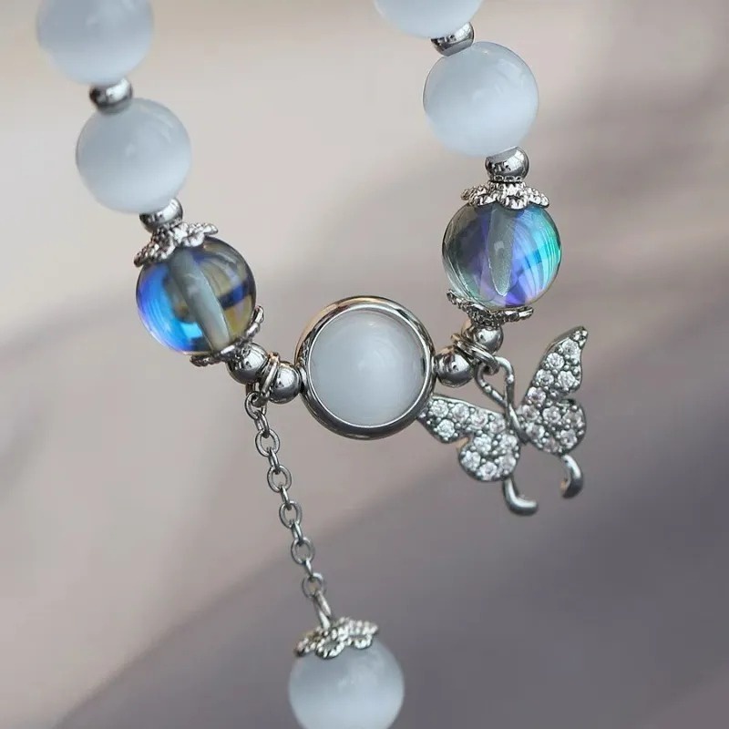 Vòng Tay Chuỗi Hạt Đá Mắt Mèo Màu Trắng Tự Nhiên / Mặt Dây Chuyền Hình Bướm Thời Trang Cho Nữ