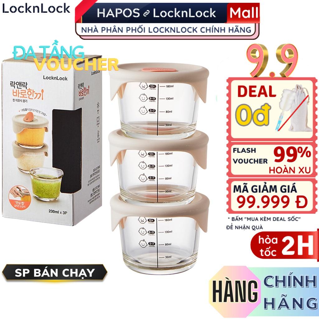 Bộ 3 hộp thủy tinh đựng thức ăn dặm cho bé LocknLock LLG508S3 có vạch để được lò vi sóng Chính Hãng HAPOS MALL OFFICIAL