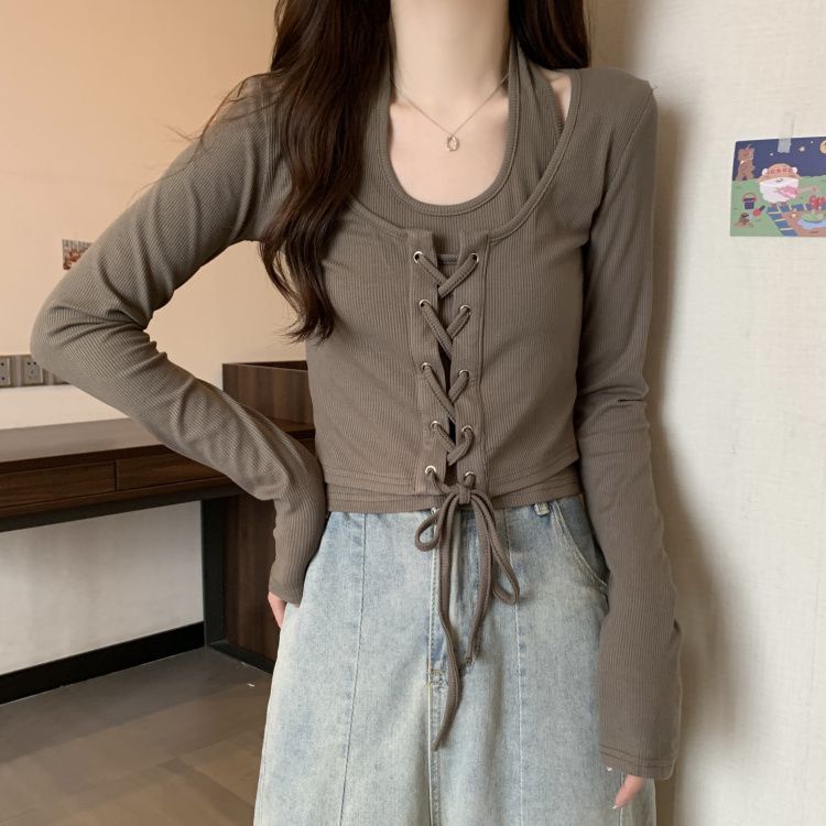 Áo Thun Tay Dài Hai Dây Cổ Yếm Phong Cách Mỹ Thời Trang Xuân Thu Mới Dành Cho Bạn Nữ Mặc Ngoài Trời