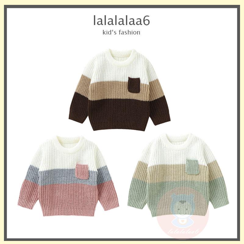 Laa6-áo sweater Dệt Kim Tay Dài Cổ Thuyền Ấm Áp Màu Sắc Tương Phản Cho Bé