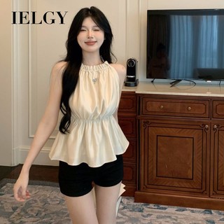 Ielgy áo hai dây cổ yếm không tay phối bèo và dây rút thời trang cao cấp cho nữ