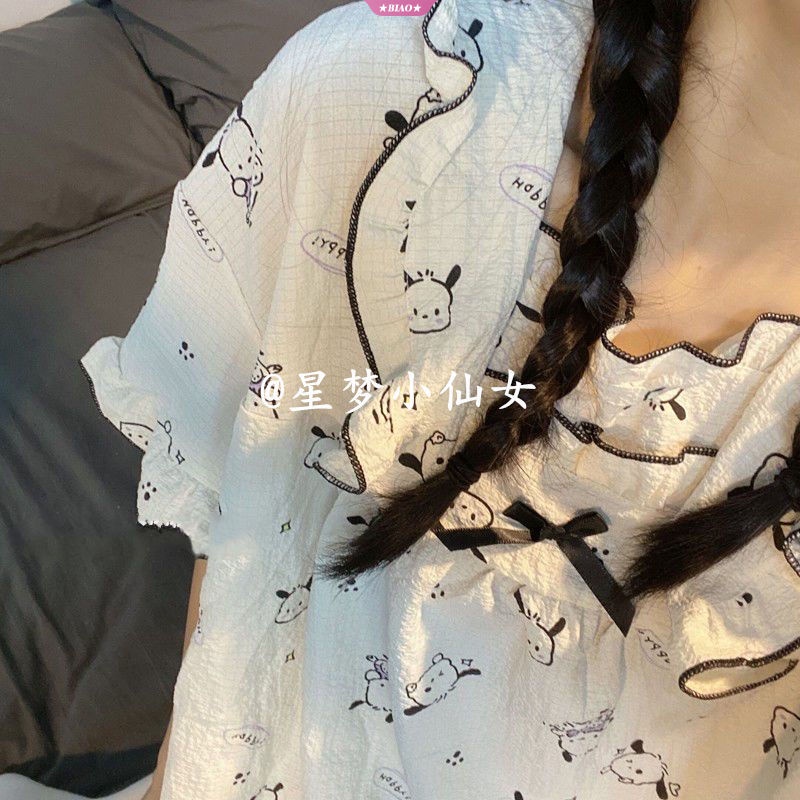 SANRIO Mới Bộ Đồ Ngủ Ngắn Tay In Hoạt Hình kuromi melody Dễ Thương Thời Trang Mùa Hè Cho Nữ