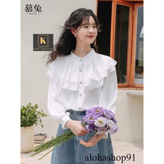 Áo Sơ Mi Nút Ngọc Bèo Tầng Cổ Trụ dáng tiểu thư, Áo kiểu nữ công sở bèo cổ trụ chất lụa mát bánh bèo ly alohashop91