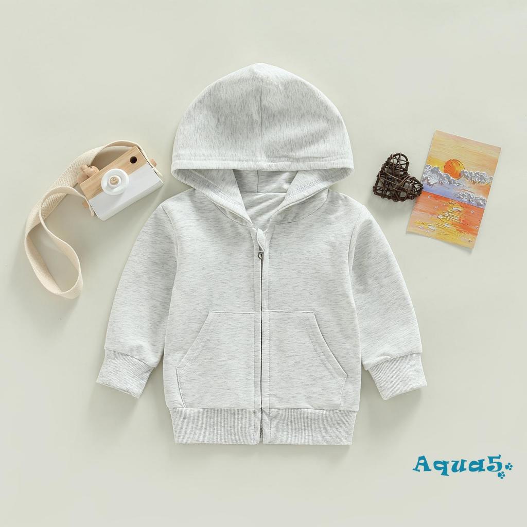 Aqua-áo Khoác Tay Dài Có Nón Màu Trơn Khóa Kéo Cho Bé Trai Bé Gái