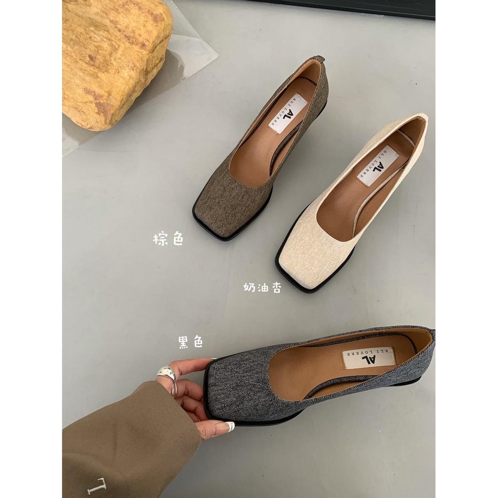 Sk2023 Giày Cao Gót Mũi Vuông Chất Liệu denim Phong Cách Hàn Quốc mary jane