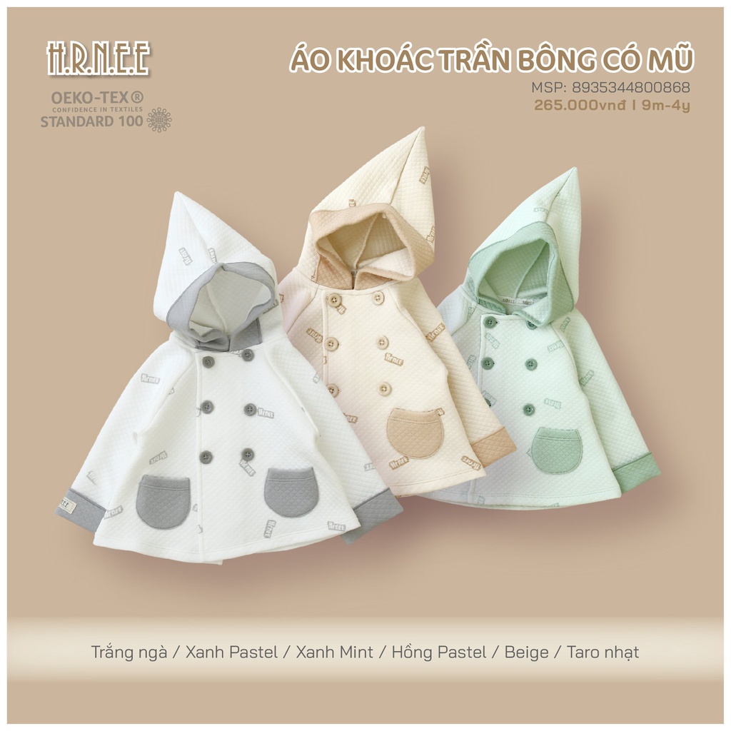 H.R.N.E.E - Áo khoác trần bông có mũ cho bé trai , bé gái