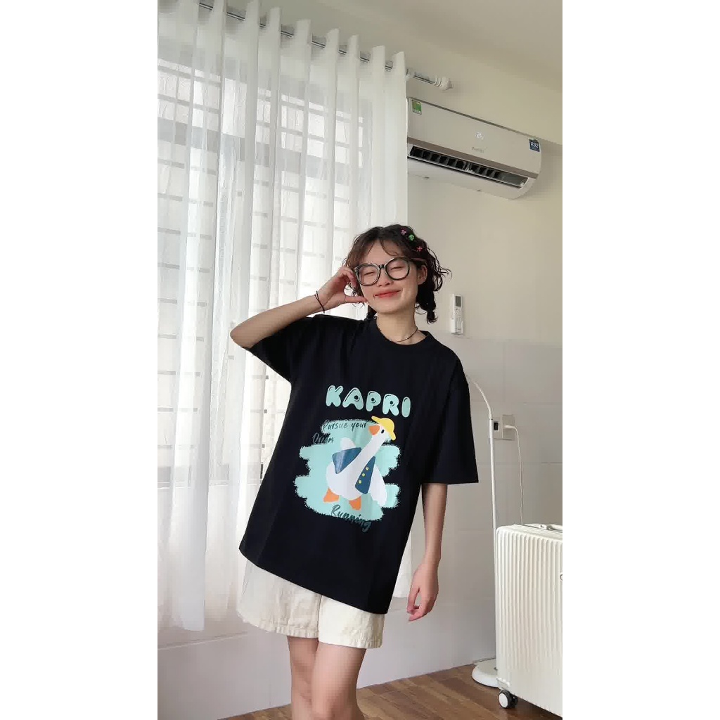 Kapri - Pursue your dream tee/Black-Cream - Áo thun unisex nam nữ hình con vịt 100% cotton 2 chiều 250GSM màu đen - kem