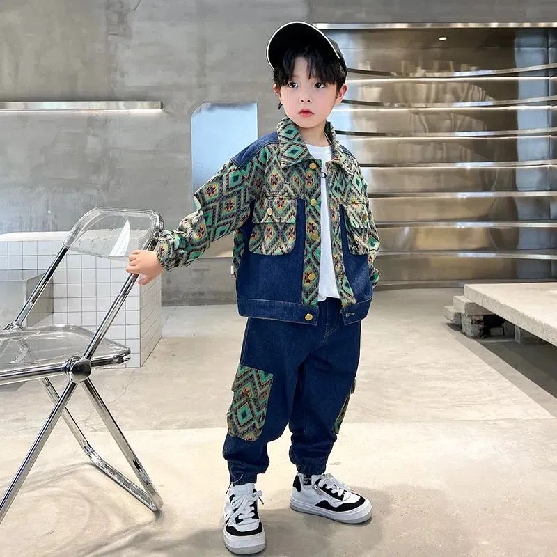 SUPER KIDS quần áo trẻ em Bộ Quần Áo denim Phong Cách Hàn Quốc Năng Động Cho Bé Trai đồ bé trai