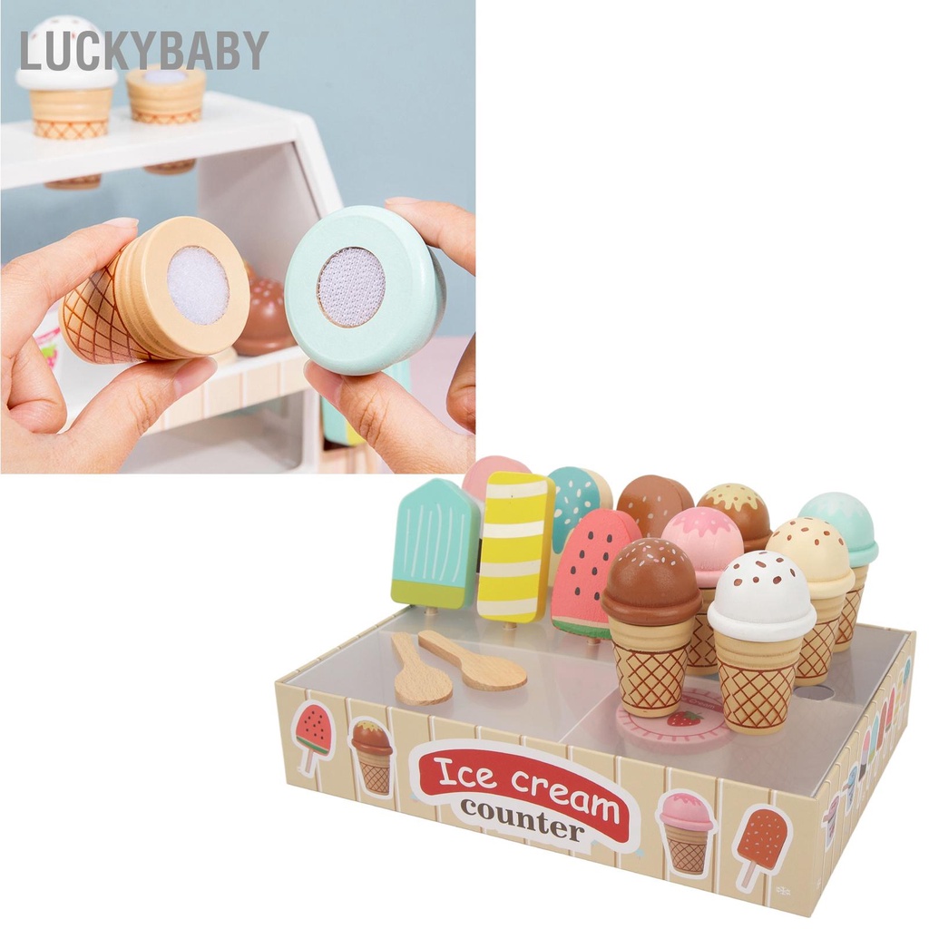 LUCKYBABY Đồ chơi làm kem bằng gỗ Quầy Playset Giáo dục Nhập vai tương tác Bộ đồ dành cho trẻ em