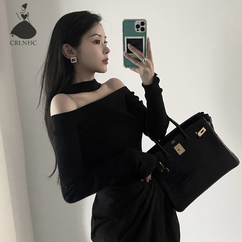 Crlnhc Áo sweater Dệt Kim Trễ Vai Tay Dài Màu Trơn Dáng Ôm Gợi Cảm Thời Trang Mùa Thu Cho Nữ vn