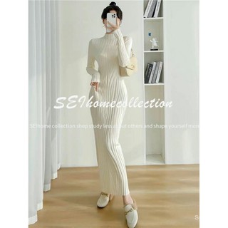 [SEI HOME] long knitted dress women's Fall/Winter tight hip bottoming shirt half-height collar knitted sweater knee-length dress