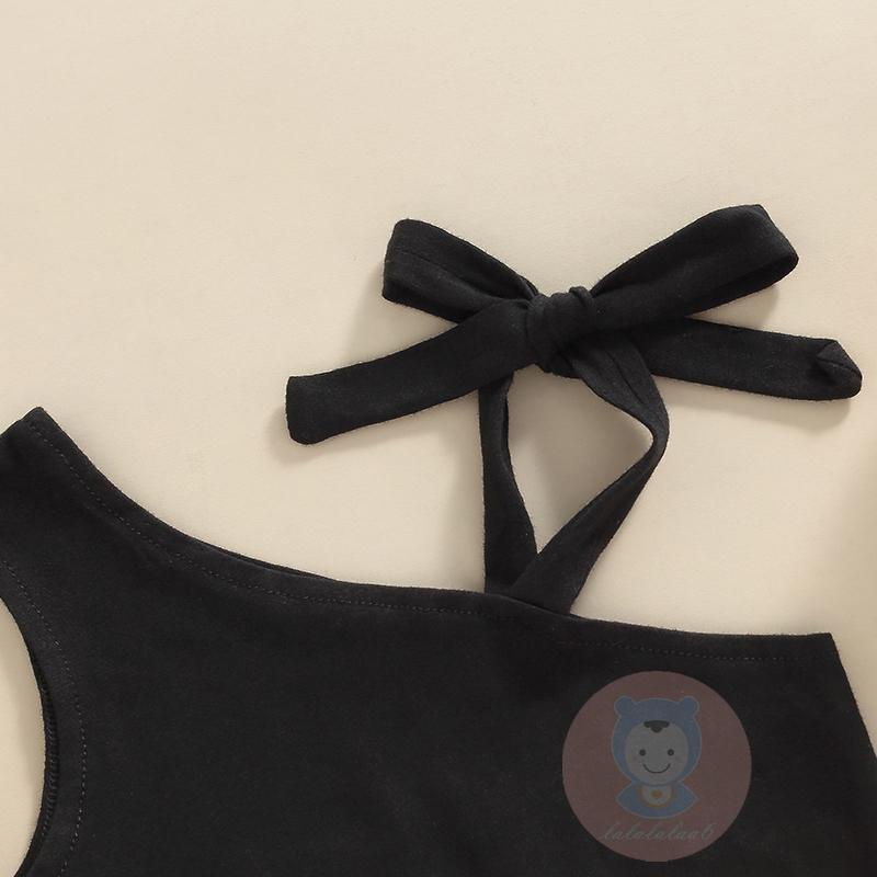 Laa6-áo crop Top Trễ Vai Buộc Dây Màu Trơn + Chân Váy Lưới Co Giãn Phong Cách halloween Cho Bé Gái