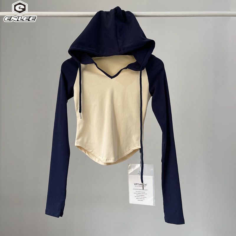 Áo hoodie lửng ENLEE tay dài cổ chữ v ôm dáng co giãn phối màu tương phản phong cách mỹ cho nữ