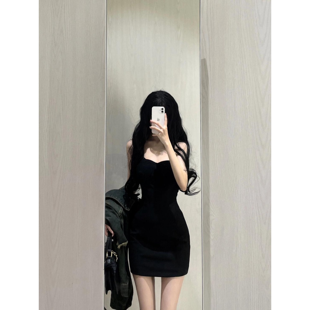 Set Đầm Hai Dây Và Áo Khoác denim Màu Đen Phong Cách retro Thời Trang Mùa Thu Cho Nữ eksk