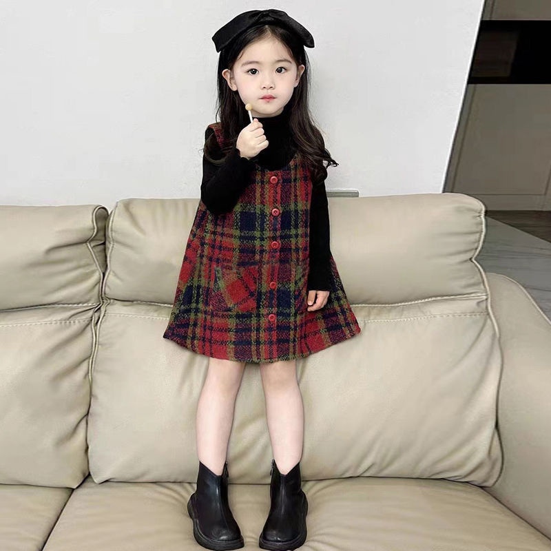 Set Áo Váy Len Họa Tiết Caro Thời Trang Mùa Thu Cho Bé Gái