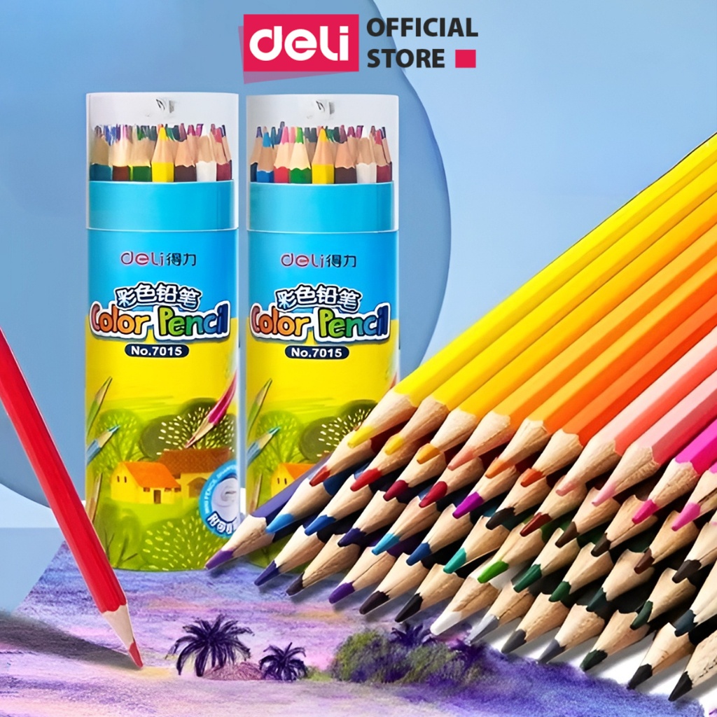 Bút Chì Màu Dạng Cốc Cho Học Sinh Deli - Kèm Gọt Chì 12/18/24/36 Màu Đậm Mịn Vẽ Tranh Thiết Kế