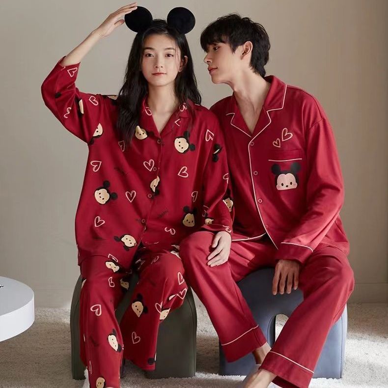 Bộ Đồ Ngủ cotton Tay Dài Màu Đỏ Thời Trang Xuân Thu 2023 Dành Cho Cặp Đôi