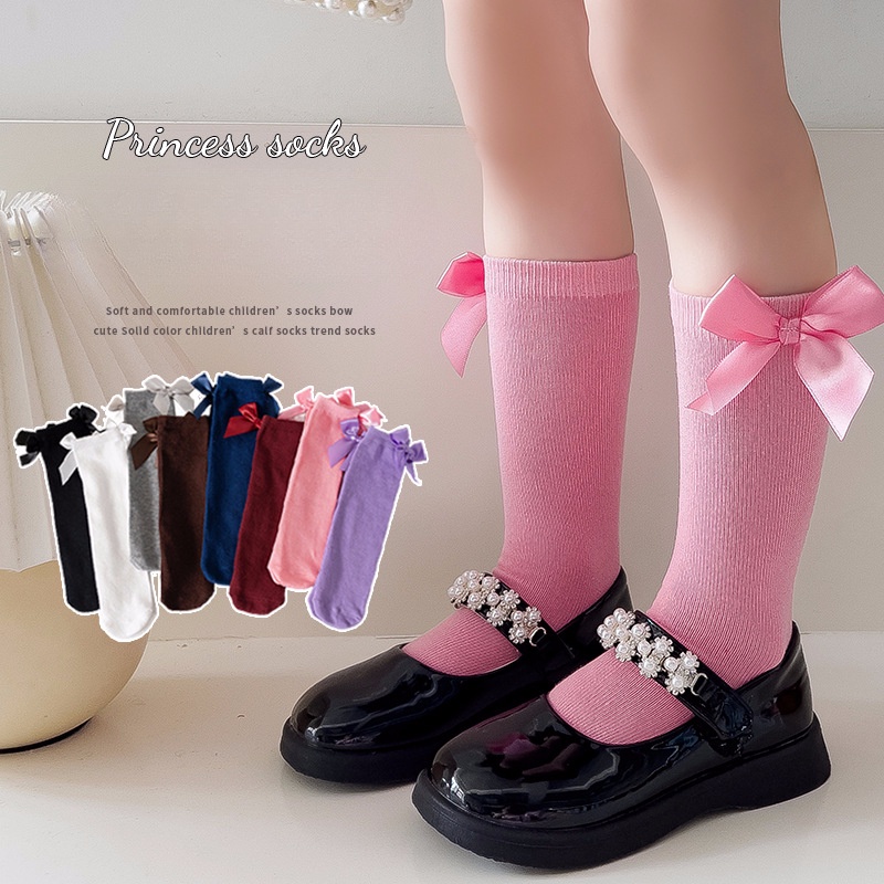 Vớ cotton Cổ Vừa Màu Trơn Đính Nơ Phong Cách Công Chúa Hàn Quốc Thời Trang Mùa Thu Cho Bé Gái