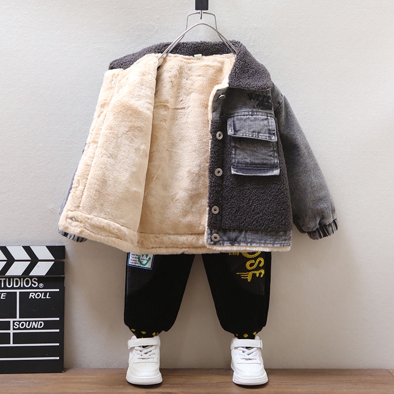 Áo Khoác denim Lót Nhung Lông Cừu Dày Dặn Thời Trang Thu Đông Cho Bé Trai