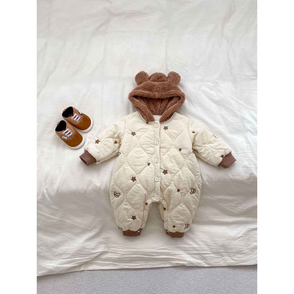 Bộ Áo Liền Quần Có Mũ Trùm Dày Dặn Siêu Dễ Thương Giữ Ấm Mùa Đông Cho Bé Sơ Sinh