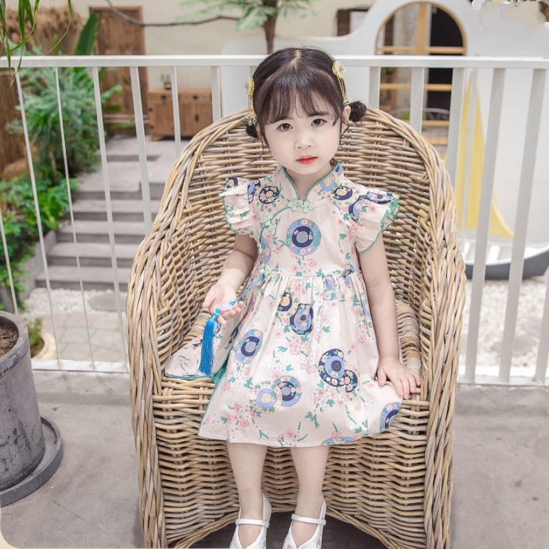 Đầm Sườn Xám In Hoa Tay Cánh Tiên Xinh Xắn Dành Cho Bé Gái