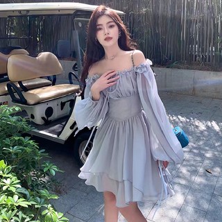Đầm Ngắn Dáng Chữ a Tay Phồng Trễ Vai Màu Trơn Ngọt Ngào Xinh Xắn Cho Nữ