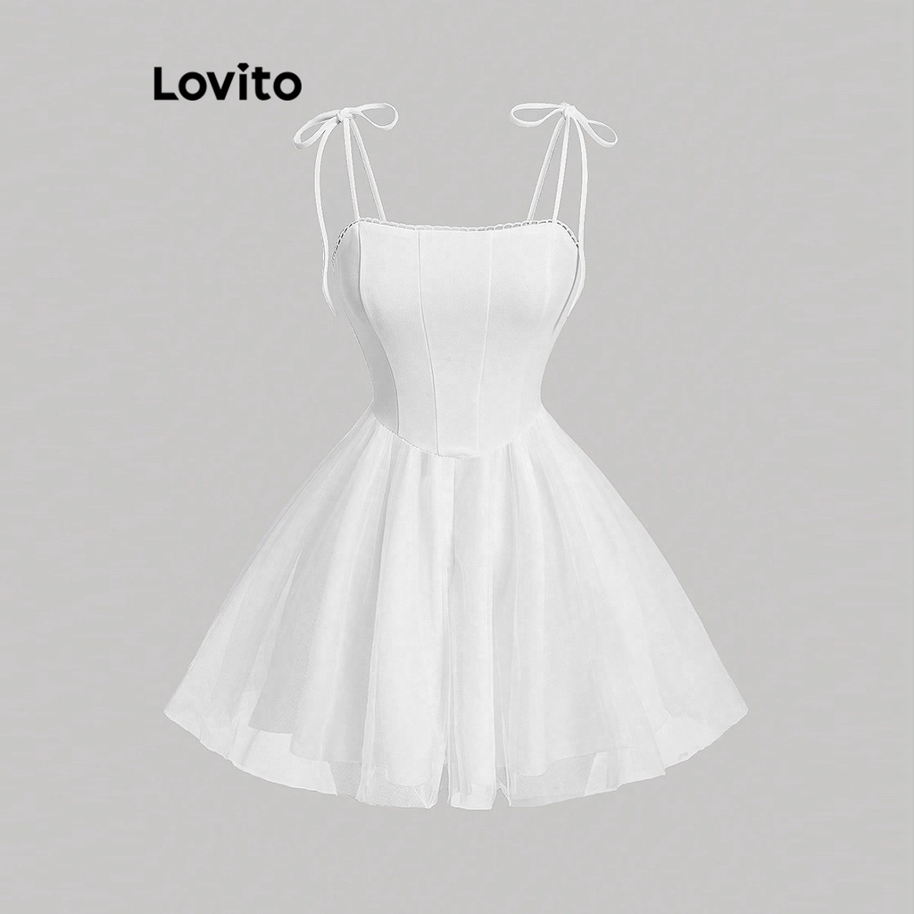 Lovito Váy khâu bằng vải trơn thông thường nhiều lớp ren cho nữ L68ED301 (Trắng)
