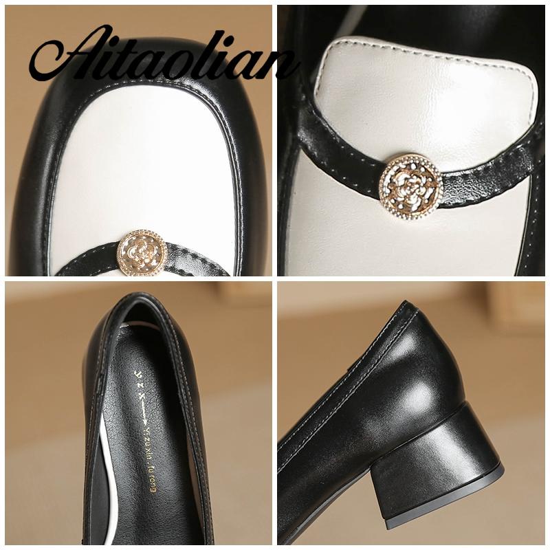 Giày Cao Gót 4cm Da Mềm Mũi Vuông Phong Cách Anh Quốc