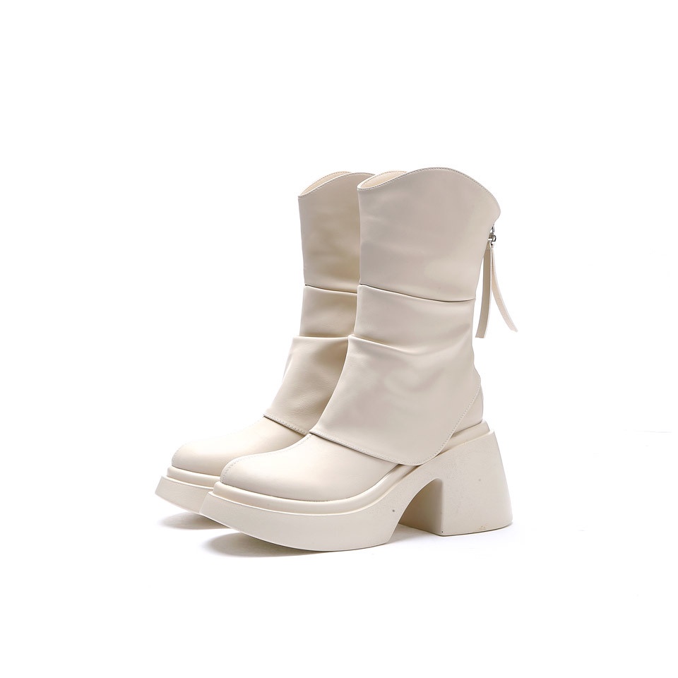 Giày Bốt Cao Gót Mũi Tròn Đế Dày Chống Thấm Nước Thời Trang Thu Đông 2023 Phong Cách Hàn Quốc