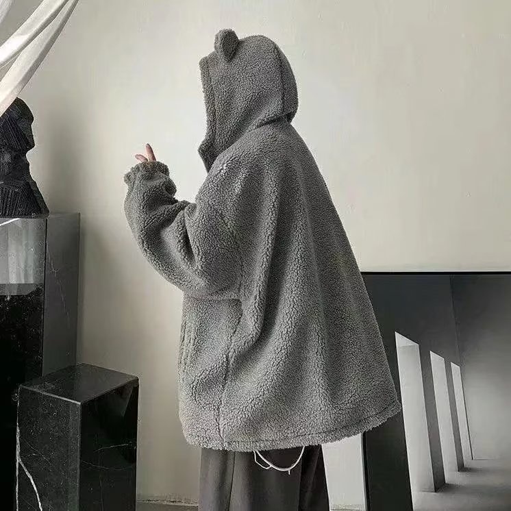 Áo Khoác Lông Cừu Có Mũ Trùm Dáng Rộng Phong Cách retro Đường Phố Dành Cho Nam Giới