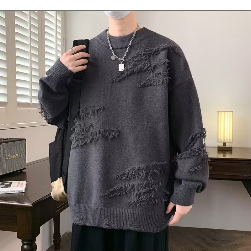 Áo sweater nam cổ tròn nam dáng rộng phong cách Hàn Quốc phối rách vải len sợi dày dặn thời trang thu đông cho cặp đôi